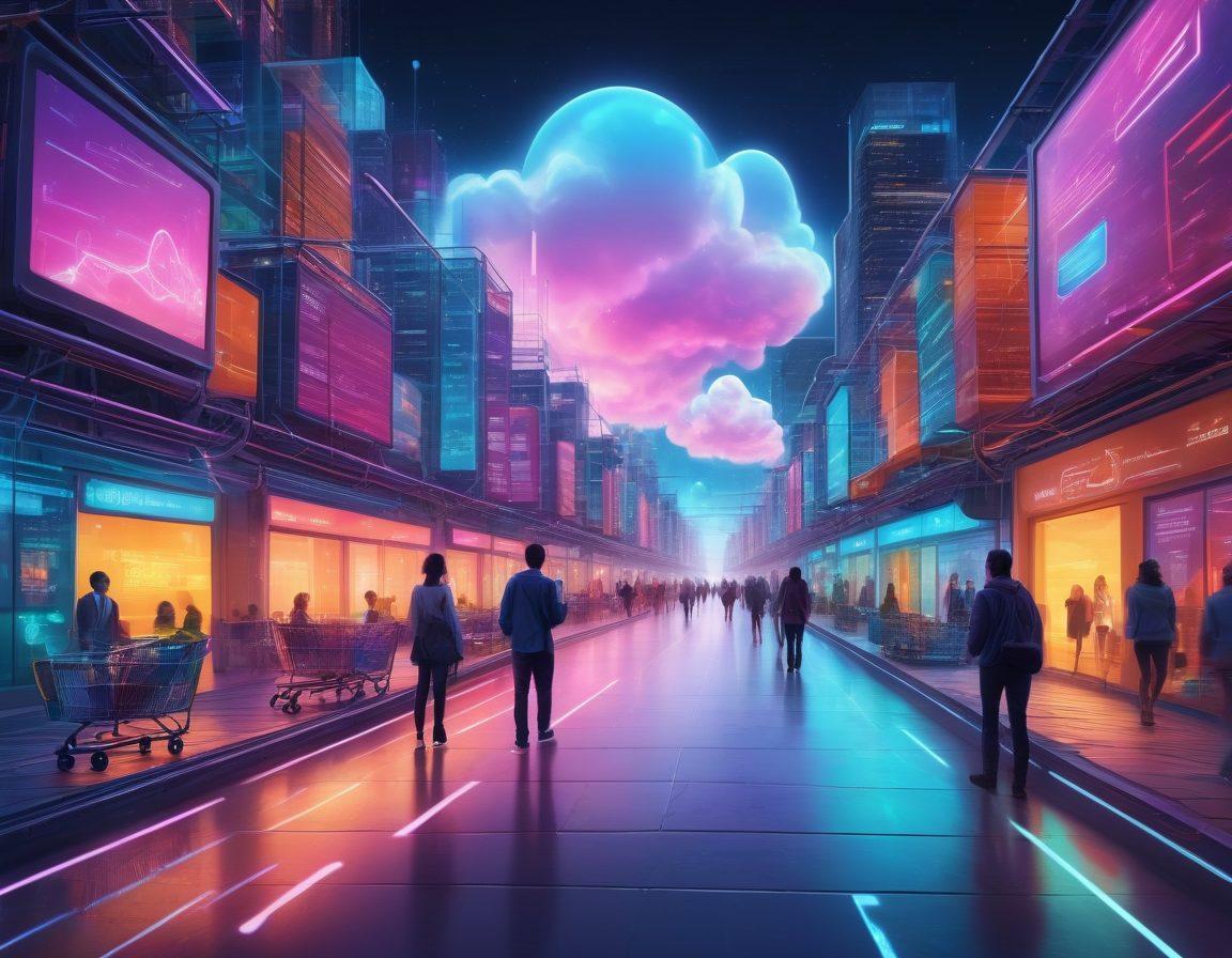 A futuristic cityscape intertwined with glowing digital pathways representing various online services such as shopping carts, chat bubbles, cloud storage, and virtual meetings. Include diverse people using laptops and smartphones, navigating these pathways effortlessly. vibrant colors. digital art.