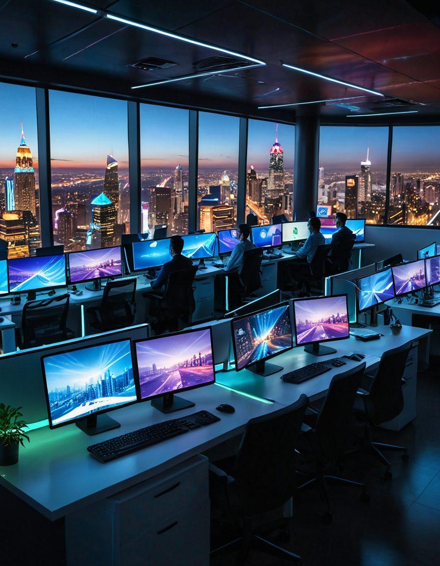 A sleek, modern office space filled with holographic screens displaying vibrant web designs, developers working on futuristic computers, and a glowing company logo in the background. Elements of code and design seamlessly blending together. Mixed with a dynamic city skyline visible through large windows. super-realistic. vibrant colors. high-tech ambiance.